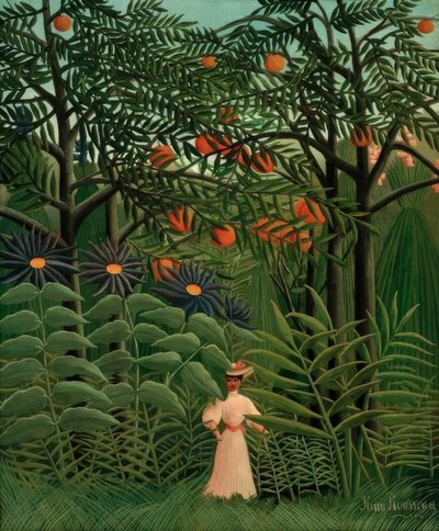 Mulher andando em uma floresta exótica de Henri Rousseau
